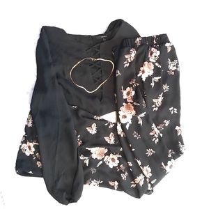 Black Deep-V Shirt & Black Floral Flower Pants